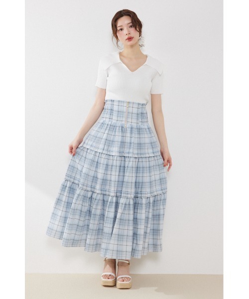 スカート ウエストシャーリングタックデザインフレアスカート　春服　夏服の画像