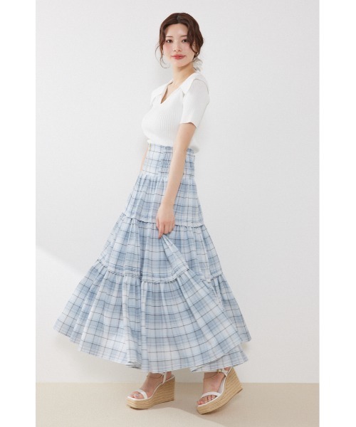 スカート ウエストシャーリングタックデザインフレアスカート　春服　夏服の画像