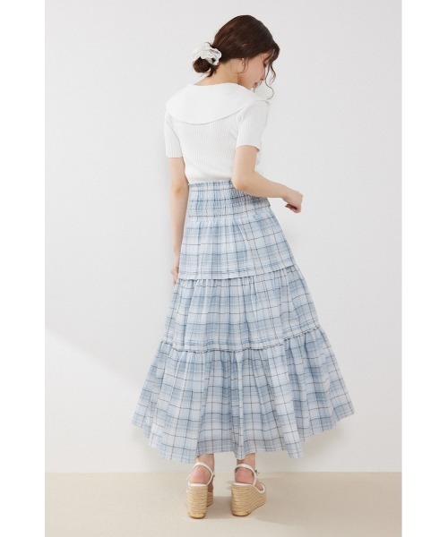 スカート ウエストシャーリングタックデザインフレアスカート　春服　夏服の画像