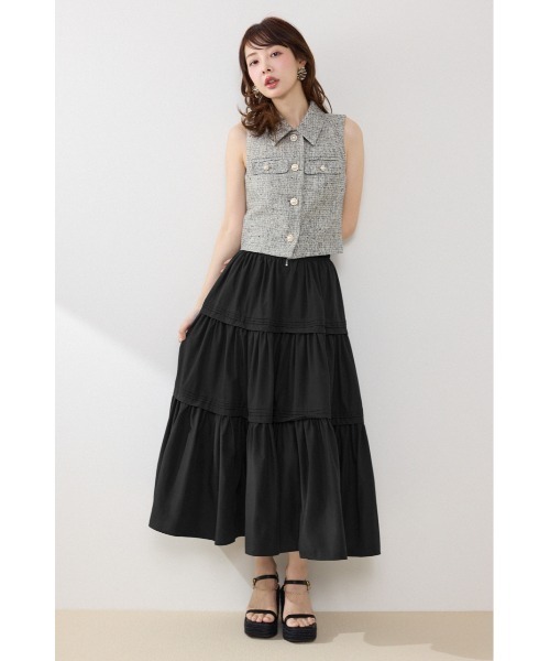 スカート ウエストシャーリングタックデザインフレアスカート　春服　夏服の画像