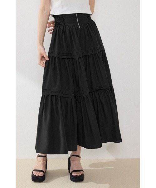 スカート ウエストシャーリングタックデザインフレアスカート　春服　夏服の画像