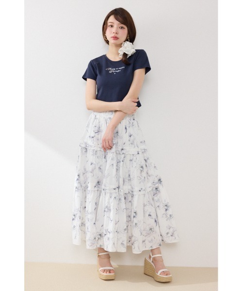 スカート ウエストシャーリングタックデザインフレアスカート　春服　夏服の画像
