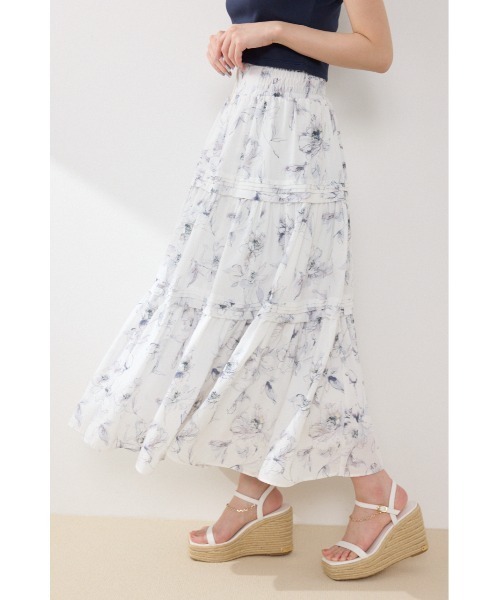 スカート ウエストシャーリングタックデザインフレアスカート　春服　夏服の画像