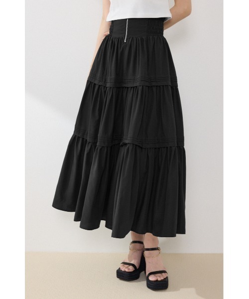 スカート ウエストシャーリングタックデザインフレアスカート　春服　夏服の画像