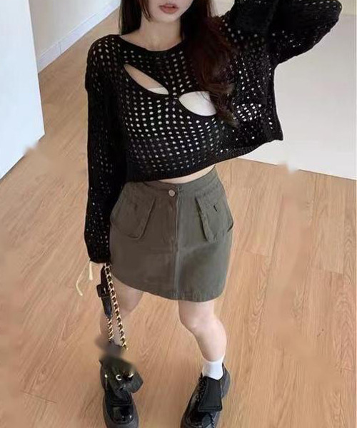 c.u.l ニット セーター クロップド丈 カギ編み穴あきニット culw353
