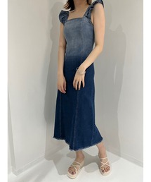 デニム ワンピース グラデーション 肩フリル ロングシーズン ♪ Jewelobe ワンピース グラデーションデニム肩フリルタイト