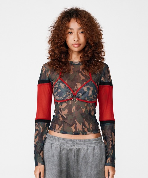 tシャツ BLOCKING CAMO MESH 2P TOPS レディース