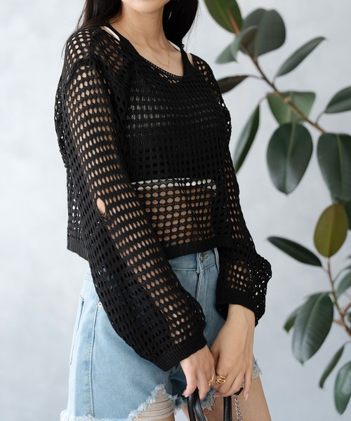 美品Sov. ソブ ダブスタ　立体編みニットトップス　カットソー Asterellivi ニット セーター 透かし編み長袖クロップド丈シアーカギ