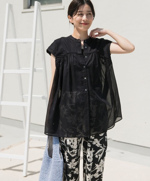 アーバンリサーチドアーズ ボイルギャザーフレンチブラウス 黒 URBAN RESEARCH DOORS ブラウス シャツ 「UR TECH」ボイル