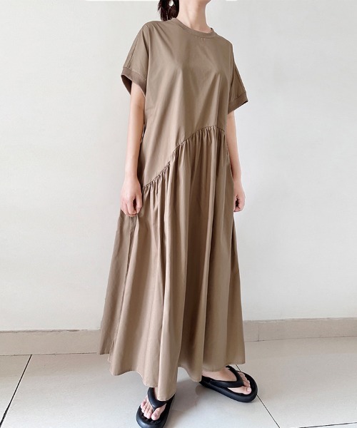 SEMI COUTURE ロングワンピース ドレスワンピースAライン 七分袖レースアシンメトリーAラインパーティーロング丈ドレス