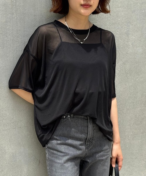 tシャツ 「インナーキャミソール付き」シアードルマンTシャツ/涼しげシアーTシャツ/着回し/5分袖/大人シアーTシャツ レディース