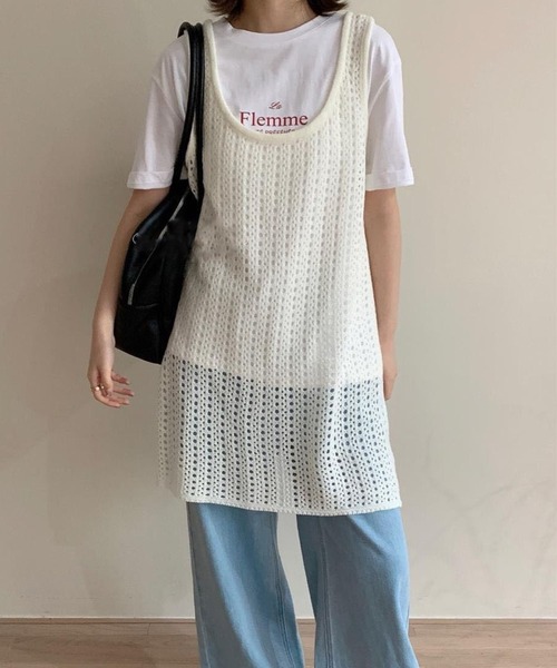 ベスト ジレ カギ編みニットロングベスト レディース