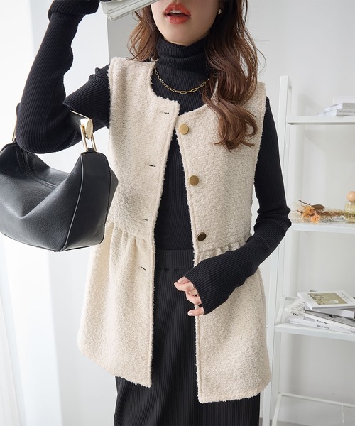 ベスト ジレ ツイード調ノーカラーペプラムジレ レディース : ZOZOTOWN