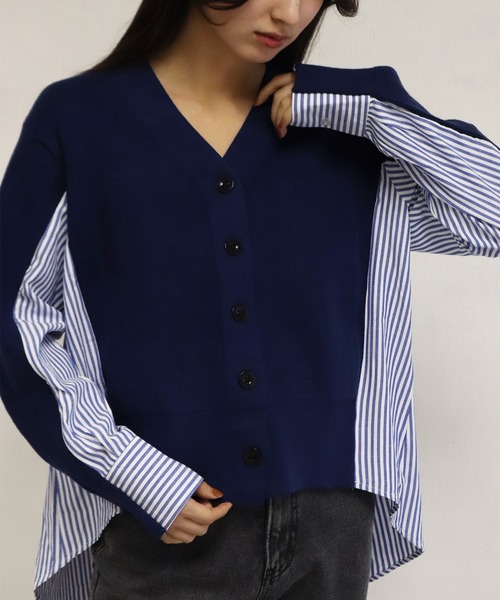 WESTSEA（ウエストシー） カーディガン ニット × ストライプシャツ