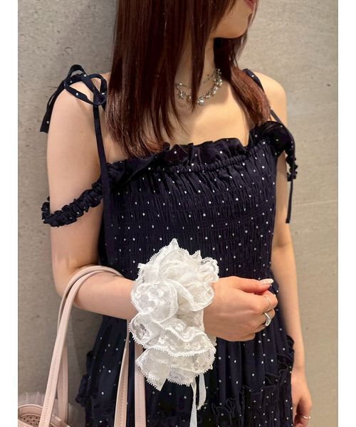 ボリュームたっぷりファーシュシュ  ブルーグレー×ブラック マーガレット♡ FURFUR（ファーファー） シュシュ 「限定カラー」レースコンビ