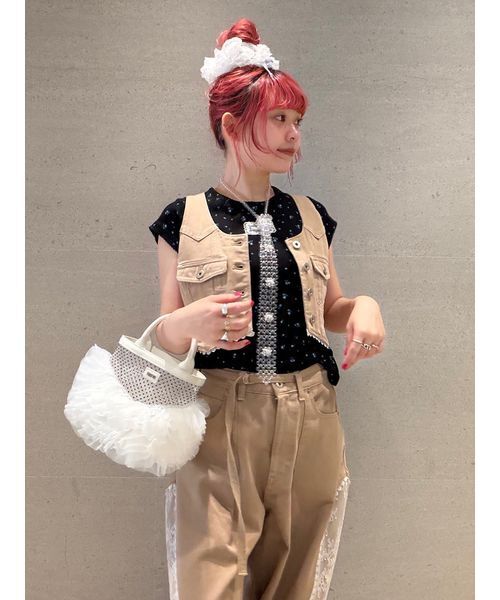 たっぷりボリュームファーシュシュ  ライトグレー/ハート＆フロッキーグリーン FURFUR（ファーファー） シュシュ 「限定カラー」レースコンビ