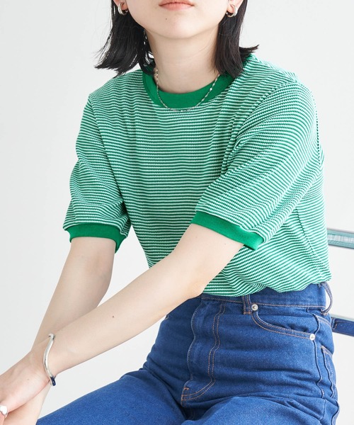 tシャツ 「HEALTHKNIT/ヘルスニット」 別注 ヘンリーネック ワッフルボーダーTシャツ レディース HEALTHKNIT/ヘルスニット] 別注 ヘンリーネック ワッフル