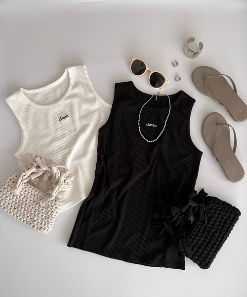 タンクトップ ノースリーブ classic刺繍ロゴショート丈タンクトップ