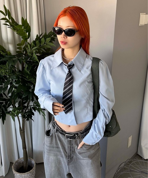 ブラウス シャツ ネクタイ付きクロップドシャツ レディース メンズ apres jour mignon ブラウス シャツ ネクタイ付きクロップド