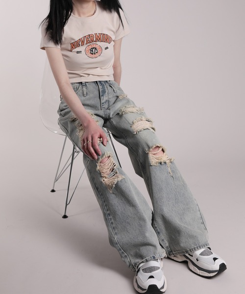 ワイドパンツ デニム ダメージ ウォッシュ ストリート t074 ワイドパンツ デニム ダメージ ウォッシュ ストリート t074