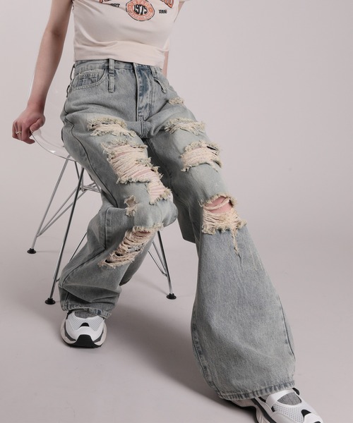 デニム パンツ ウォッシュ ハイウエスト ストリート ジーンズ 6 2TYPEハイウエストウォッシュワイドデニムパンツ | レディース