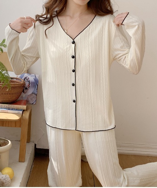 MILAE パジャマ ルームウェア 2点セットルームウェア 配色ステッチV