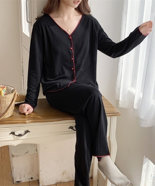 MILAE パジャマ ルームウェア 2点セットルームウェア 配色ステッチV