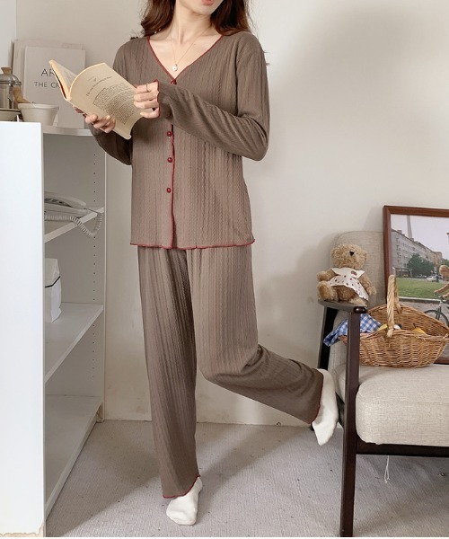 MILAE パジャマ ルームウェア 2点セットルームウェア 配色ステッチV