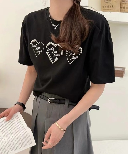 DIAVEL tシャツ 半袖 パールハートロゴ韓国ガーリートップス