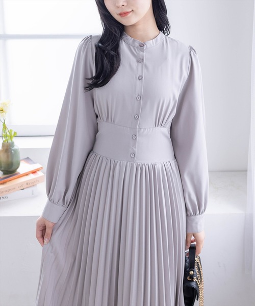 clear ワンピース ウエスト切替消シプリーツ長袖ロングワンピース 「1