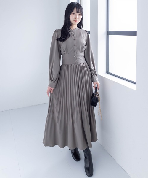 clear ワンピース ウエスト切替消シプリーツ長袖ロングワンピース 「1