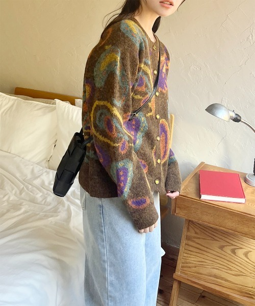 カーディガン 変形ゴールドボタン ジャガードニットカーディガン