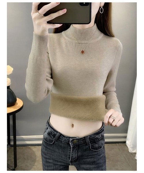 ニット セーター 裏起毛ハイネックニット長袖レディース 全5色  