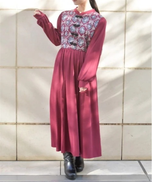 axes femme チャイナ釦 ワンピース チュニック axes femme ワンピース チャイナ釦薔薇柄切替ワンピース