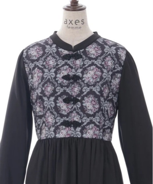 axes femme チャイナ釦 ワンピース チュニック axes femme ワンピース チャイナ釦薔薇柄切替ワンピース