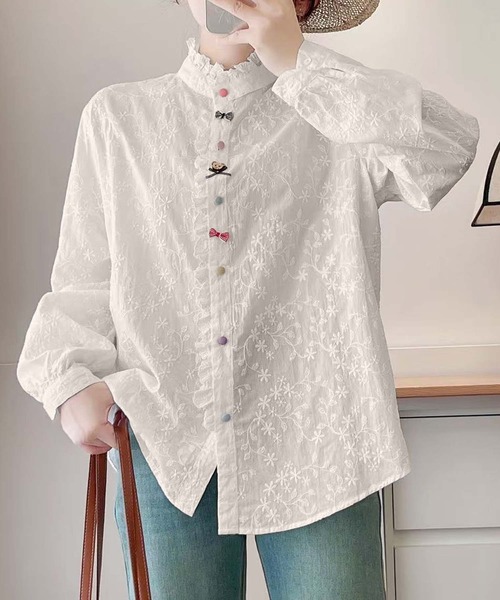 aimoha ブラウス シャツ フリルカラー刺繍デザインシャツ