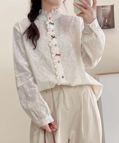 aimoha ブラウス シャツ フリルカラー刺繍デザインシャツ