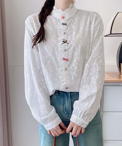 ブラウス シャツ 総刺繍haori 2way ブラウス レディース axes femme ブラウス シャツ 扇子×紅葉刺繍セーラーブラウス