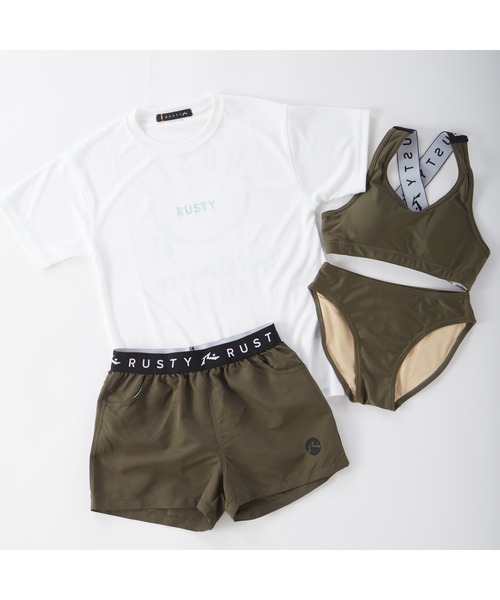 水着 RUSTY ラスティ ブランド ロゴ 半袖 Tシャツ ブラトップ ショートパンツ タンキニ 水着 4点セット セットアイテム キッズ 子供の画像