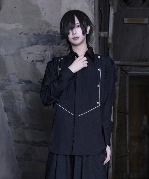 男性用　黒いリボン付き長袖シャツ WRouge ブラウス シャツ リボン付きタックシャツ レディース メンズ