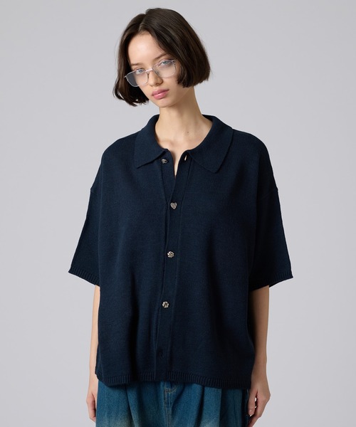 【ONCILY】シルバーボタンダメージニットポロシャツ SILVER BUTTON DAMAGE KNIT POLO SHIRT / シルバーボタン