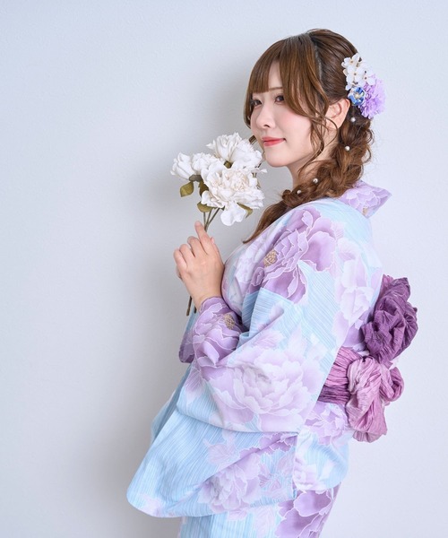 大人可愛い浴衣　豪華6点セット 新・黒×紫×ピンク Retica 浴衣 浴衣セット レディース 黒地 ピンク水彩シャクナゲ