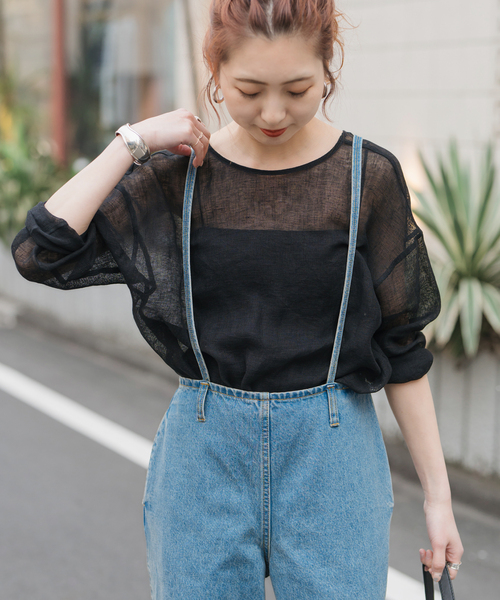 新品　Spick and Span メッシュリネンルーズプルオーバー　ブラック Spick＆Span 「追加2」手洗い可 / メッシュリネンルーズプル