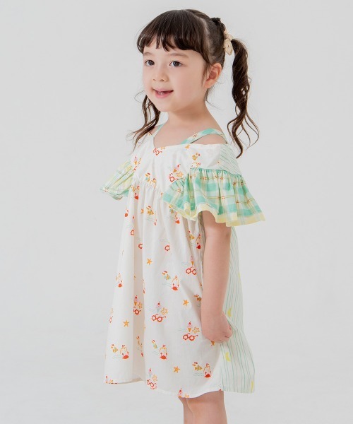 新品　SMC LOVE×フローラル柄 カラフルワンピース フリル袖　8Y ワンピース 「MOEMUSISAN X moimoln」MIX柄ラッフルスリーブワンピース