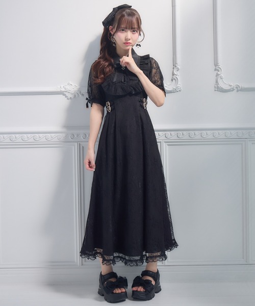 【新品タグ付き】ルルウィルビー♡総レース切替ワンピースお呼ばれ 上品 ブラック ROJITA（ロジータ） ワンピース 半袖 総レースヨークフリルロング