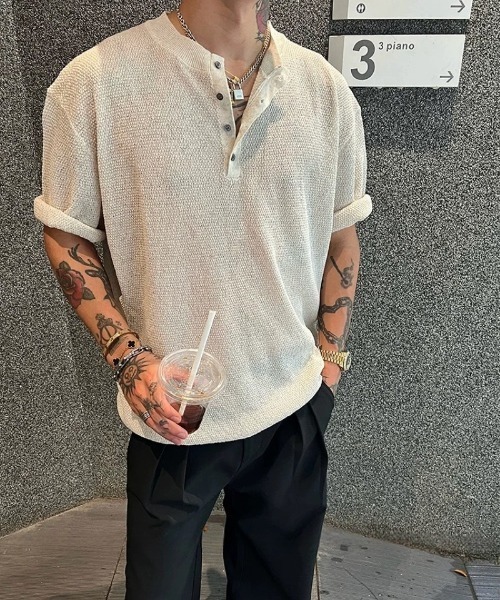 ヘンリーネック tシャツ 白・黒 2 色展開 ヘンリーネックニット半袖