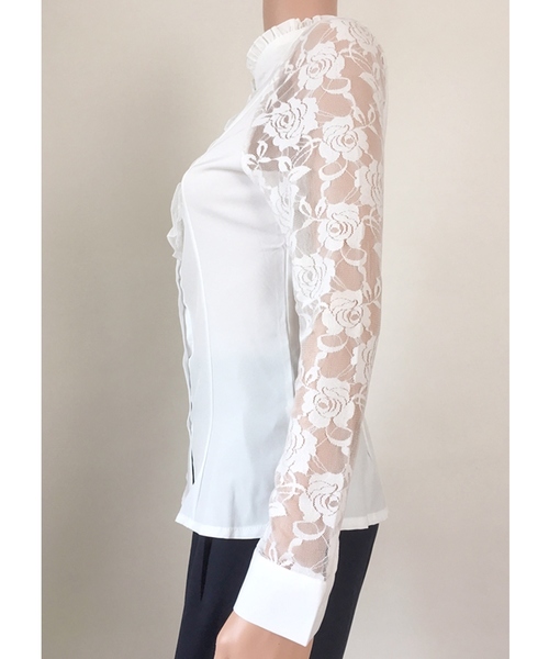 Lace Ladies ブラウス シャツ 袖レースデザイン立ち襟フリル