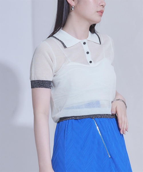 miette ポロシャツ ポロ 配色ラインシアー半袖ポロニット