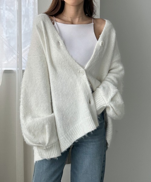 louere ファーニットカーディガン Louere カーディガン ボリュームVネックシャギーニット