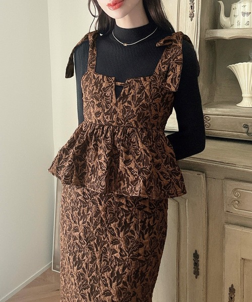 Meiru ワンピース 肩リボンジャガードペプラムキャミワンピース